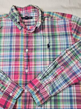 Polo Ralph Lauren Boys XL 18-20 Plaid Oxford Shirt Button Down Pink Blue Green